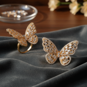 Grace in Motion: The Diamond & Pearl Butterfly Statement Ring."