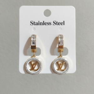 Stainless Steel Two-Tone Monogram Crystal Circle Drop Earrings