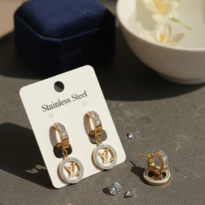 Stainless Steel Two-Tone Monogram Crystal Circle Drop Earrings
