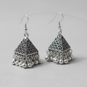 Pyramid-shaped (triangular) Jhumkas with a vintage, “antique” finish.