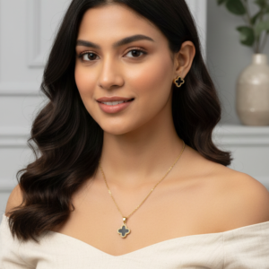 Exquisite Gold-Plated Black Clover Jewelry Set | Stainless Steel Necklace & Earrings