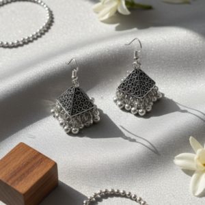 Pyramid-shaped (triangular) Jhumkas with a vintage, “antique” finish.