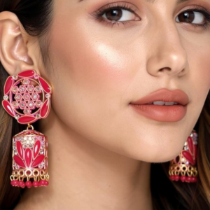 .Royal Red Kundan Jhumka Earrings