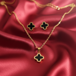 Exquisite Gold-Plated Black Clover Jewelry Set | Stainless Steel Necklace & Earrings