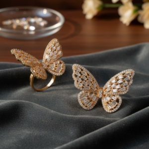 Grace in Motion: The Diamond & Pearl Butterfly Statement Ring.”