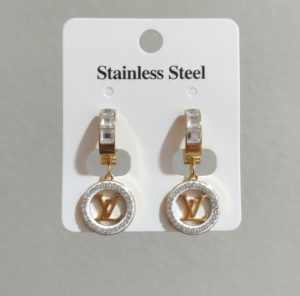 Stainless Steel Two-Tone Monogram Crystal Circle Drop Earrings