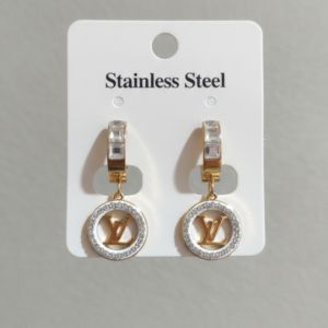 Stainless Steel Two-Tone Monogram Crystal Circle Drop Earrings